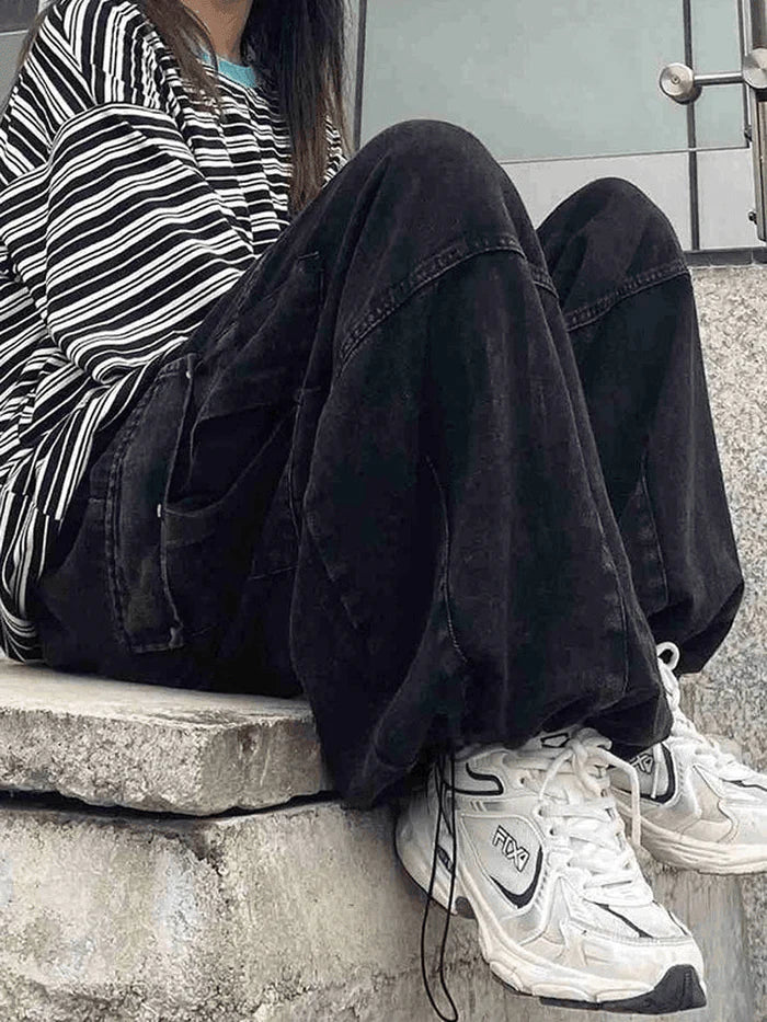 OVERSIZED BLACK DENIM CARGO PANTS - TRENDY BAGGY CARGO STYLE