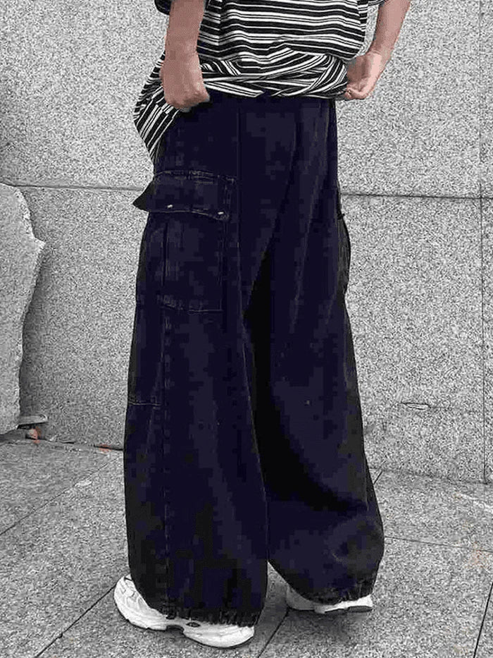 OVERSIZED BLACK DENIM CARGO PANTS - TRENDY BAGGY CARGO STYLE