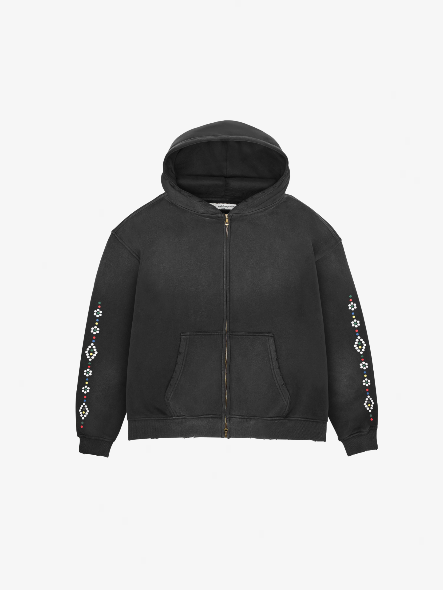 OVERSIZED BLACK ZIP-UP HOODIE WITH PATTERNED SLEEVES FOR STYLISH LAYERING