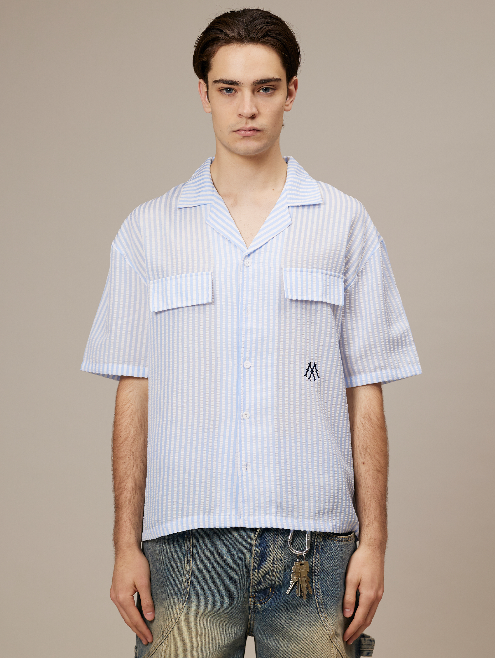 OVERSIZED BLUE AND WHITE STRIPED SHIRT WITH DROPPED SHOULDERS