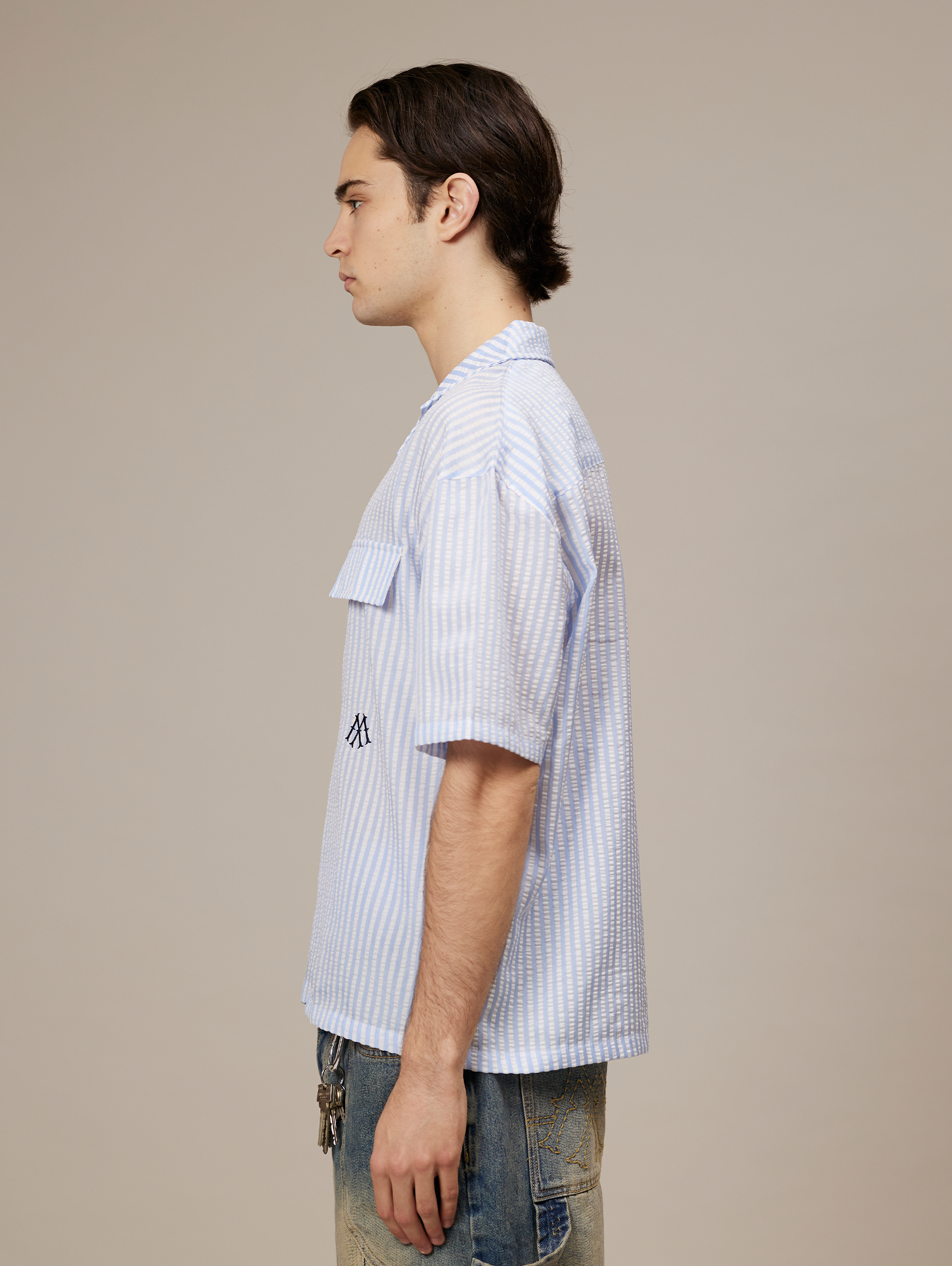 OVERSIZED BLUE AND WHITE STRIPED SHIRT WITH DROPPED SHOULDERS
