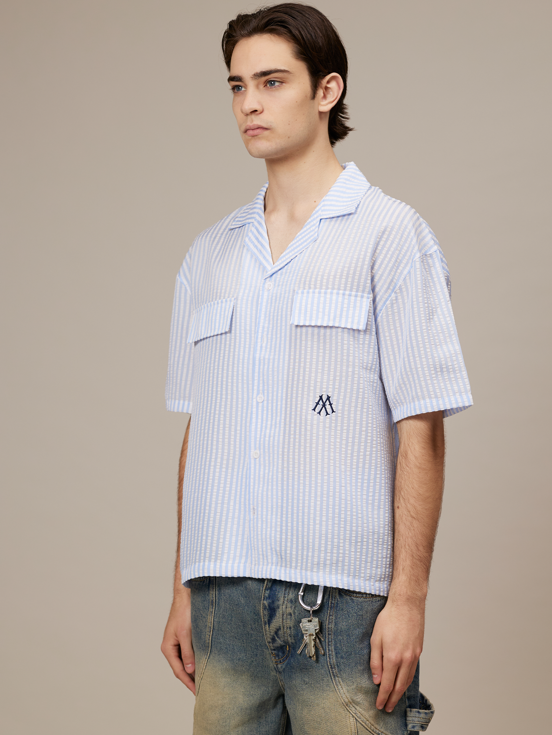 OVERSIZED BLUE AND WHITE STRIPED SHIRT WITH DROPPED SHOULDERS