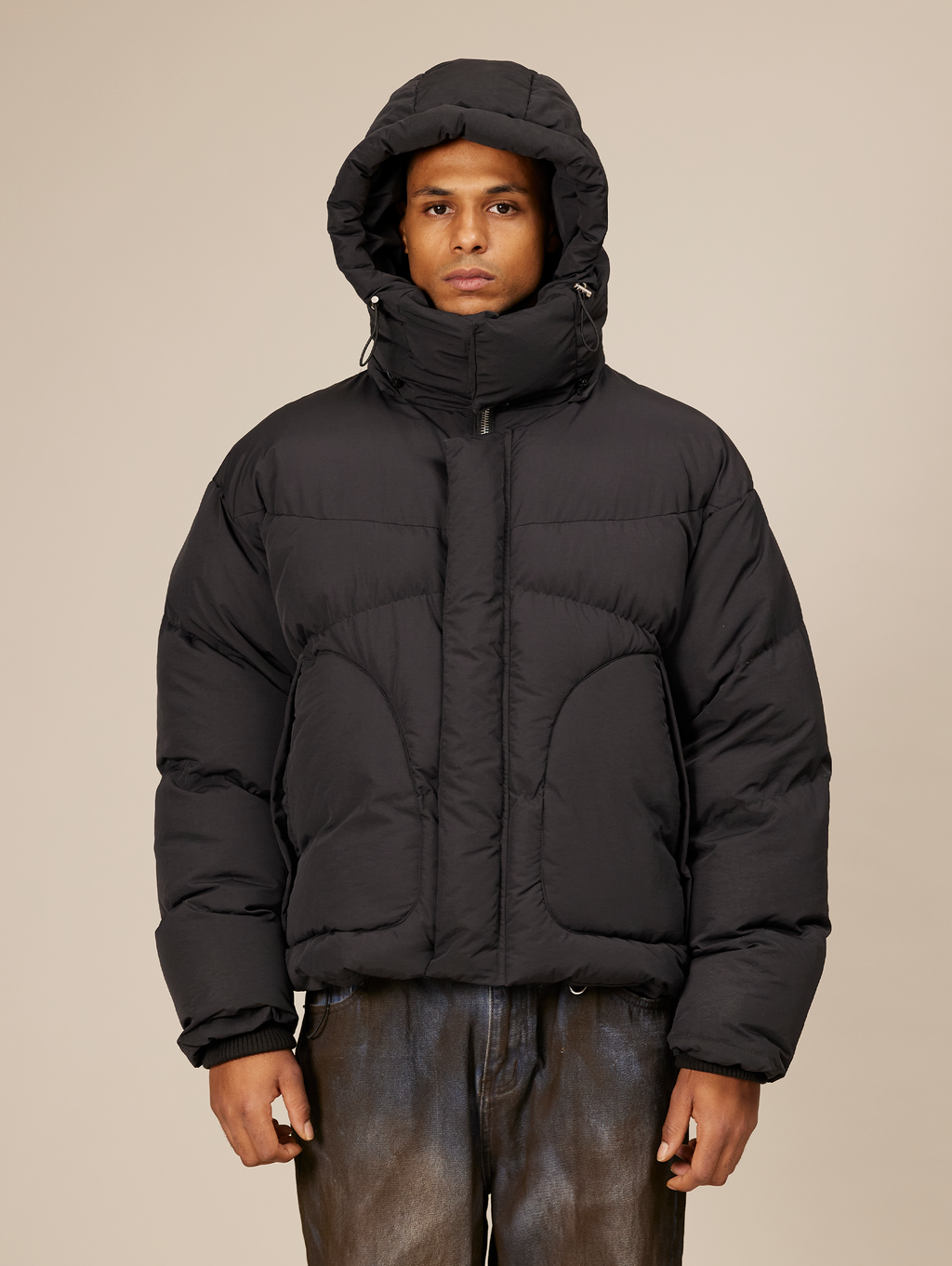 OVERSIZED DROPPED SHOULDER BLACK HOODED PUFFER JACKET