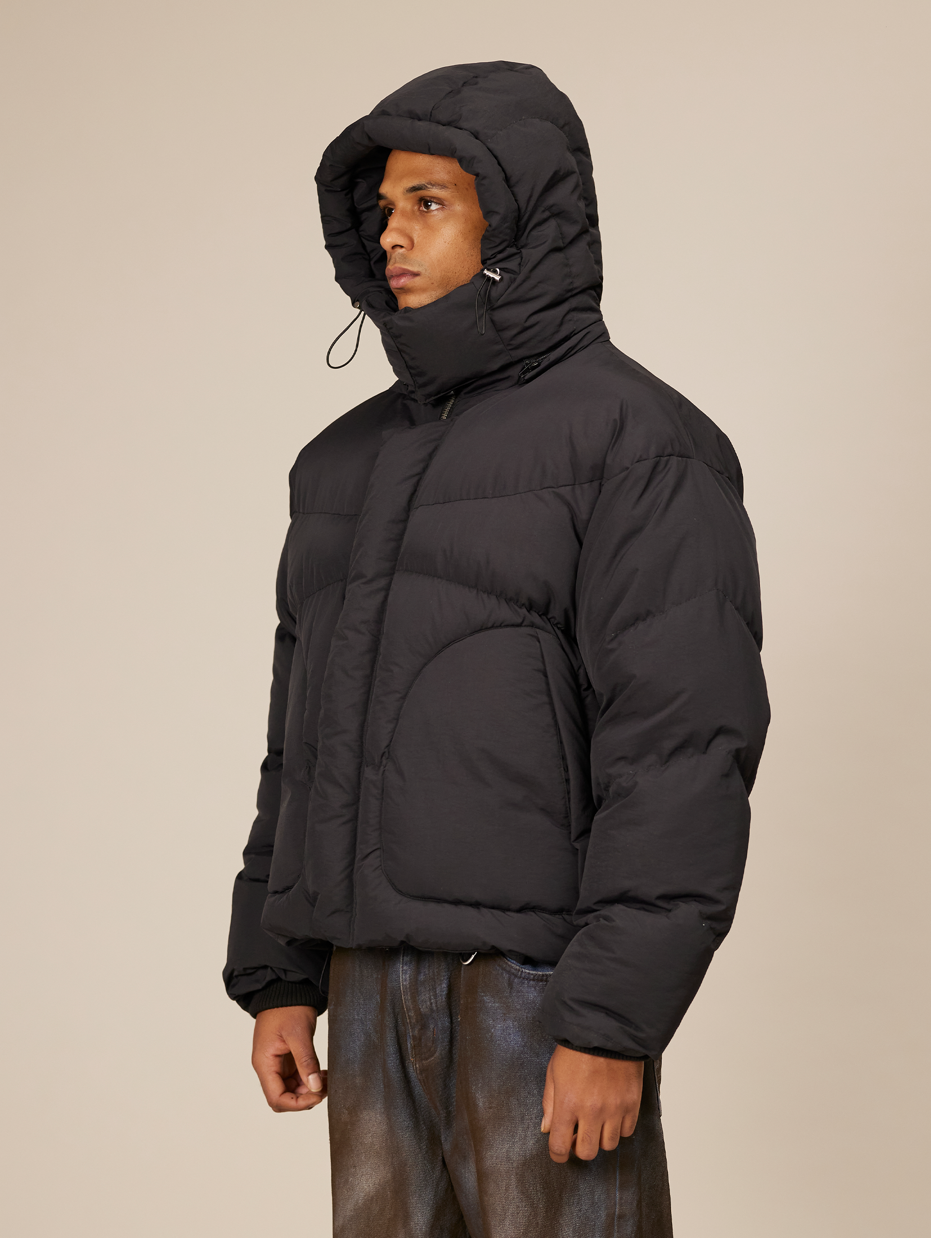 OVERSIZED DROPPED SHOULDER BLACK HOODED PUFFER JACKET