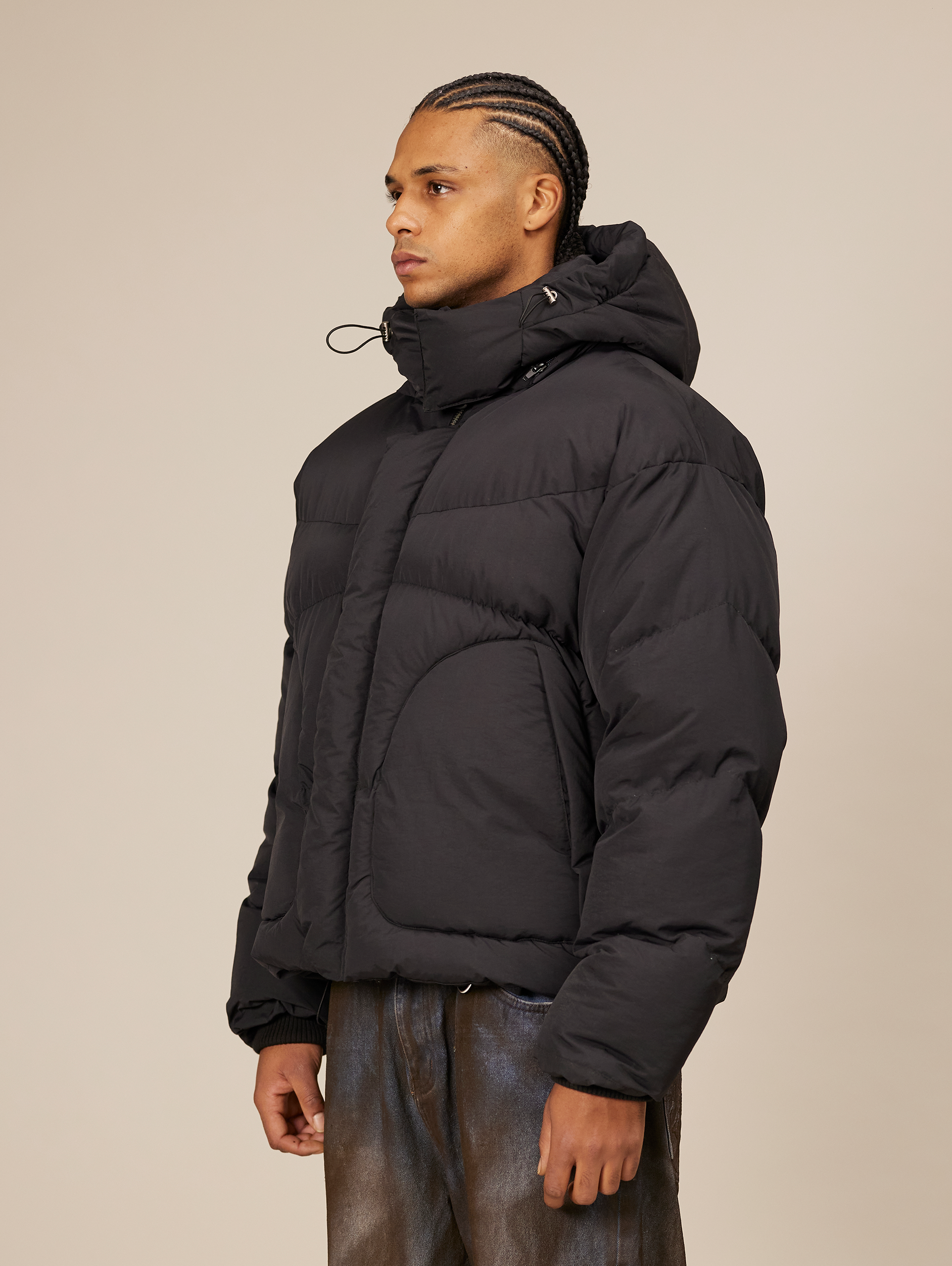 OVERSIZED DROPPED SHOULDER BLACK HOODED PUFFER JACKET