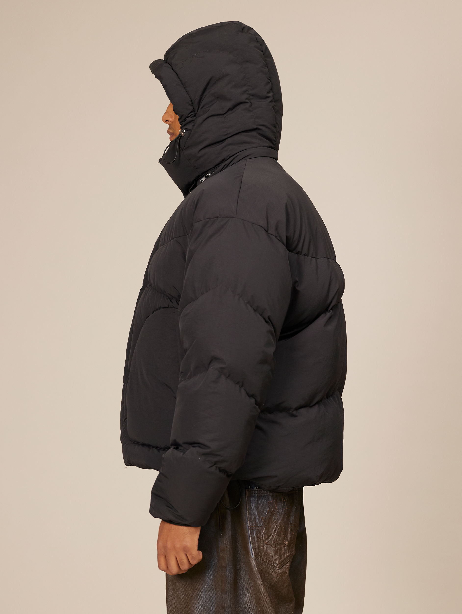 OVERSIZED DROPPED SHOULDER BLACK HOODED PUFFER JACKET