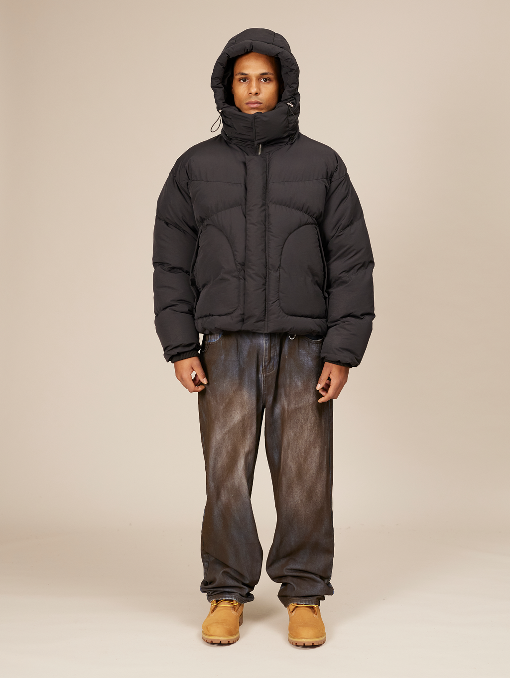 OVERSIZED DROPPED SHOULDER BLACK HOODED PUFFER JACKET