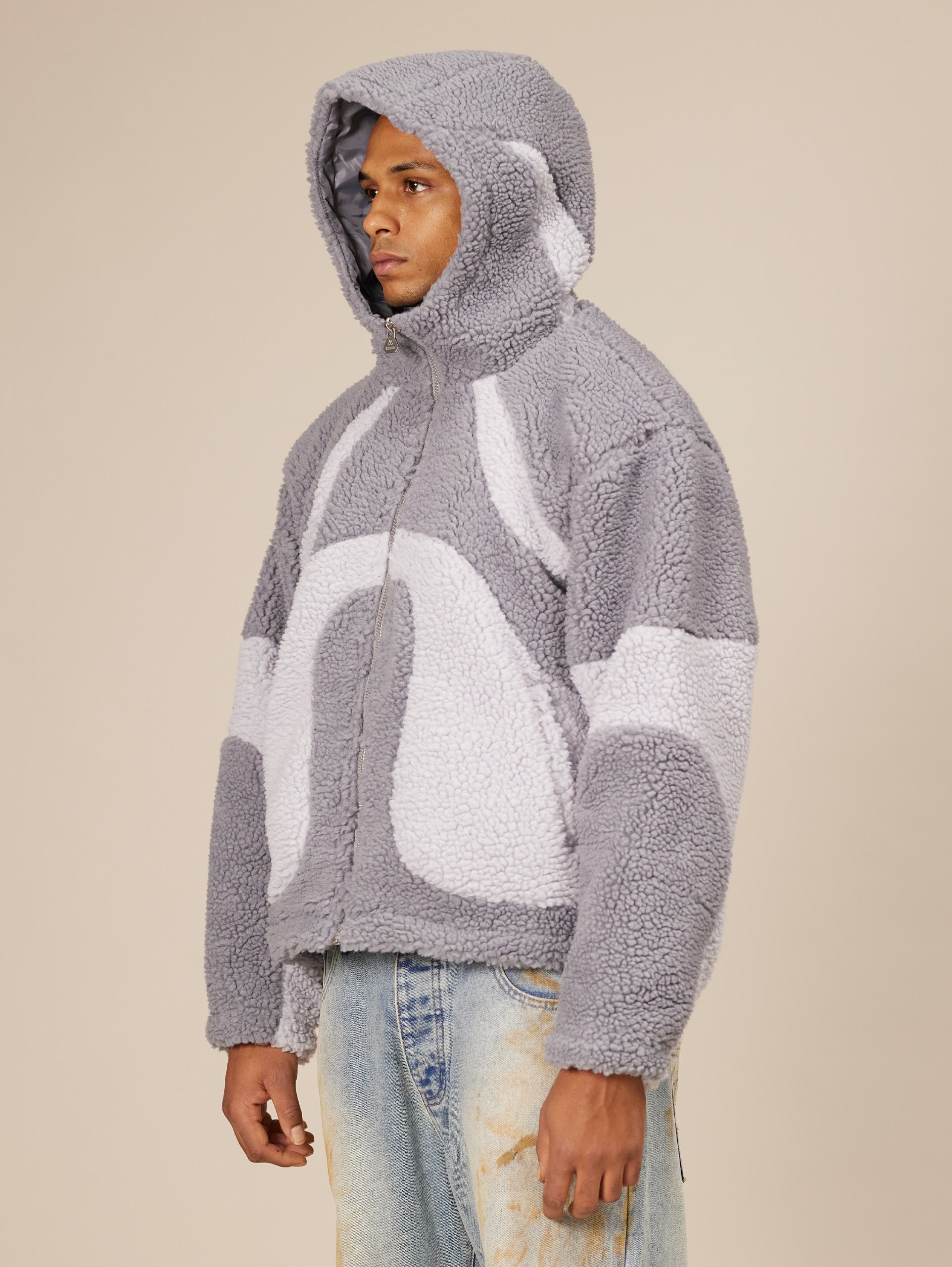 OVERSIZED DROPPED SHOULDER HOODED FLEECE JACKET IN GRAY TONES
