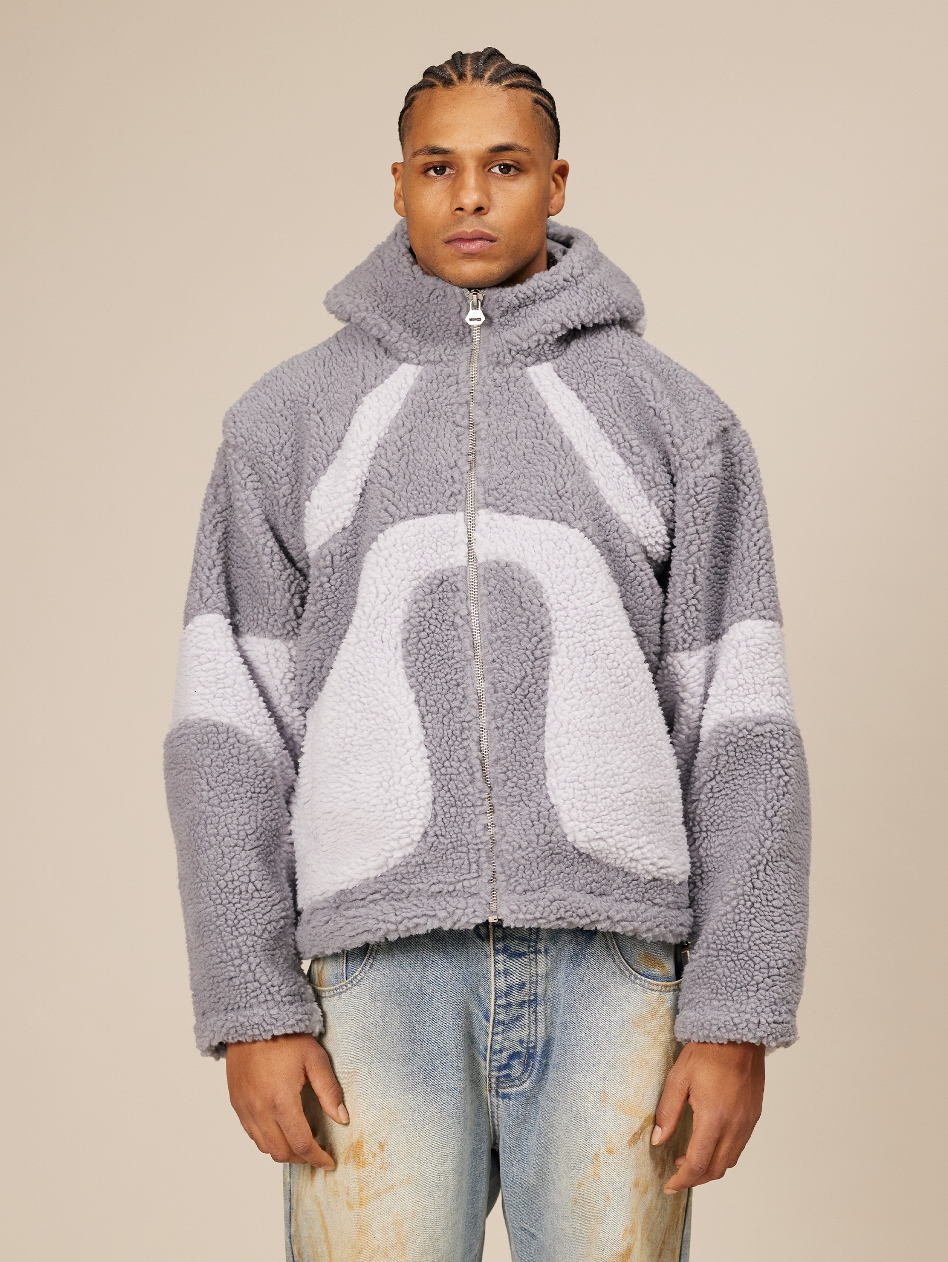 OVERSIZED DROPPED SHOULDER HOODED FLEECE JACKET IN GRAY TONES