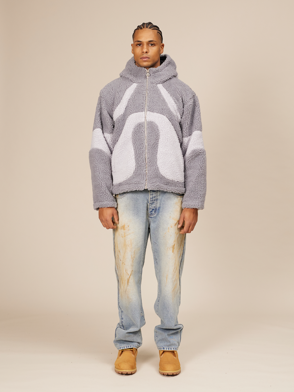 OVERSIZED DROPPED SHOULDER HOODED FLEECE JACKET IN GRAY TONES