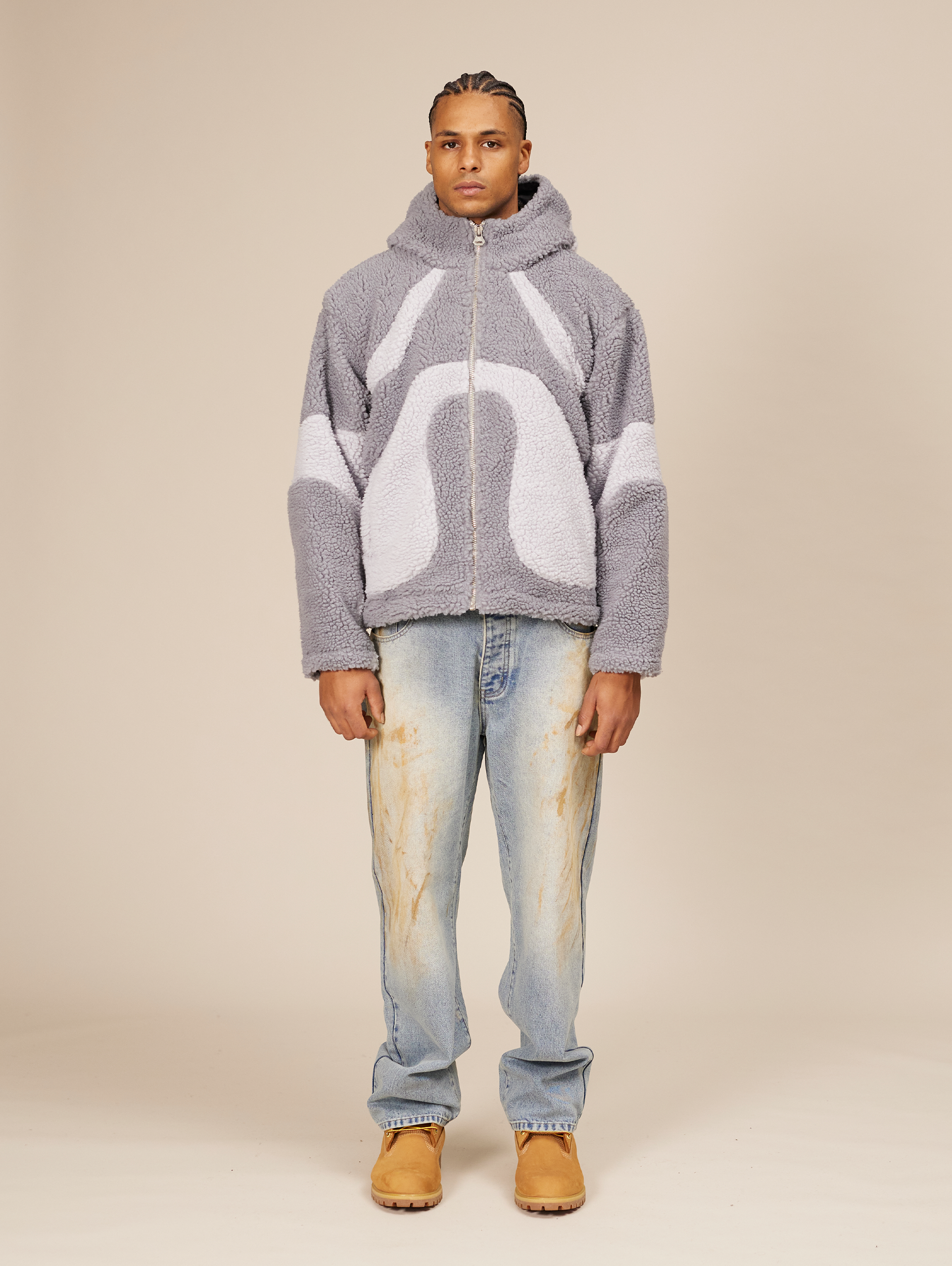 OVERSIZED DROPPED SHOULDER HOODED FLEECE JACKET IN GRAY TONES
