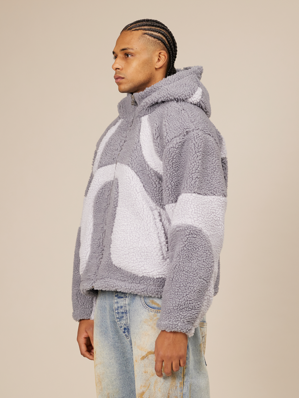 OVERSIZED DROPPED SHOULDER HOODED FLEECE JACKET IN GRAY TONES