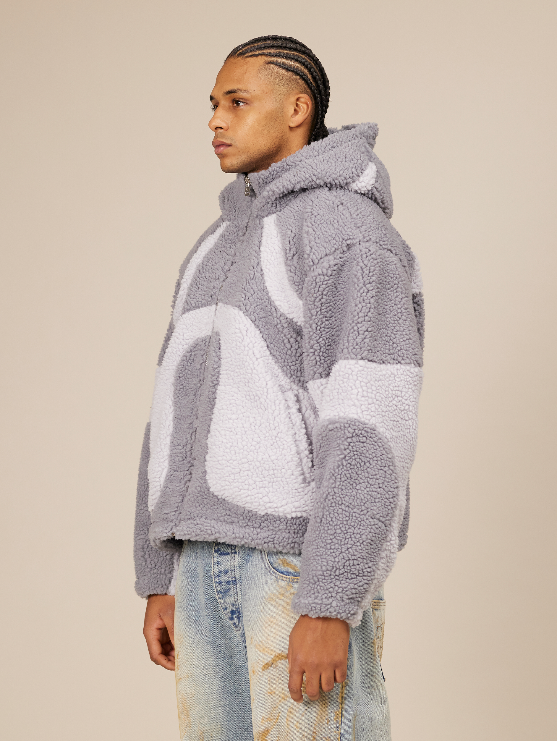 OVERSIZED DROPPED SHOULDER HOODED FLEECE JACKET IN GRAY TONES