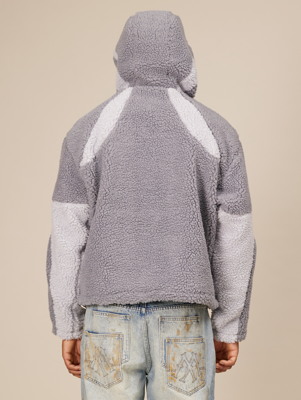 OVERSIZED DROPPED SHOULDER HOODED FLEECE JACKET IN GRAY TONES