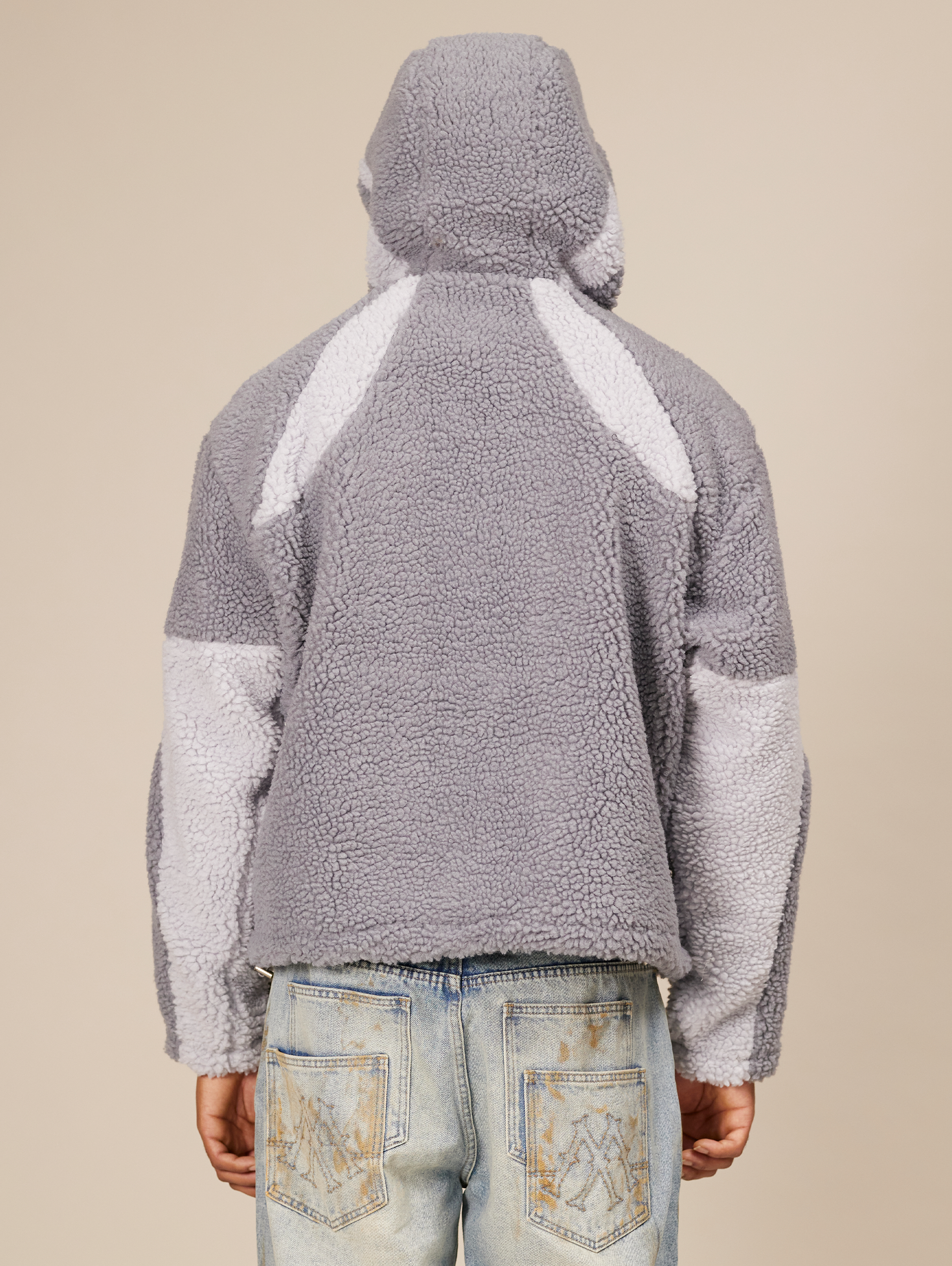 OVERSIZED DROPPED SHOULDER HOODED FLEECE JACKET IN GRAY TONES