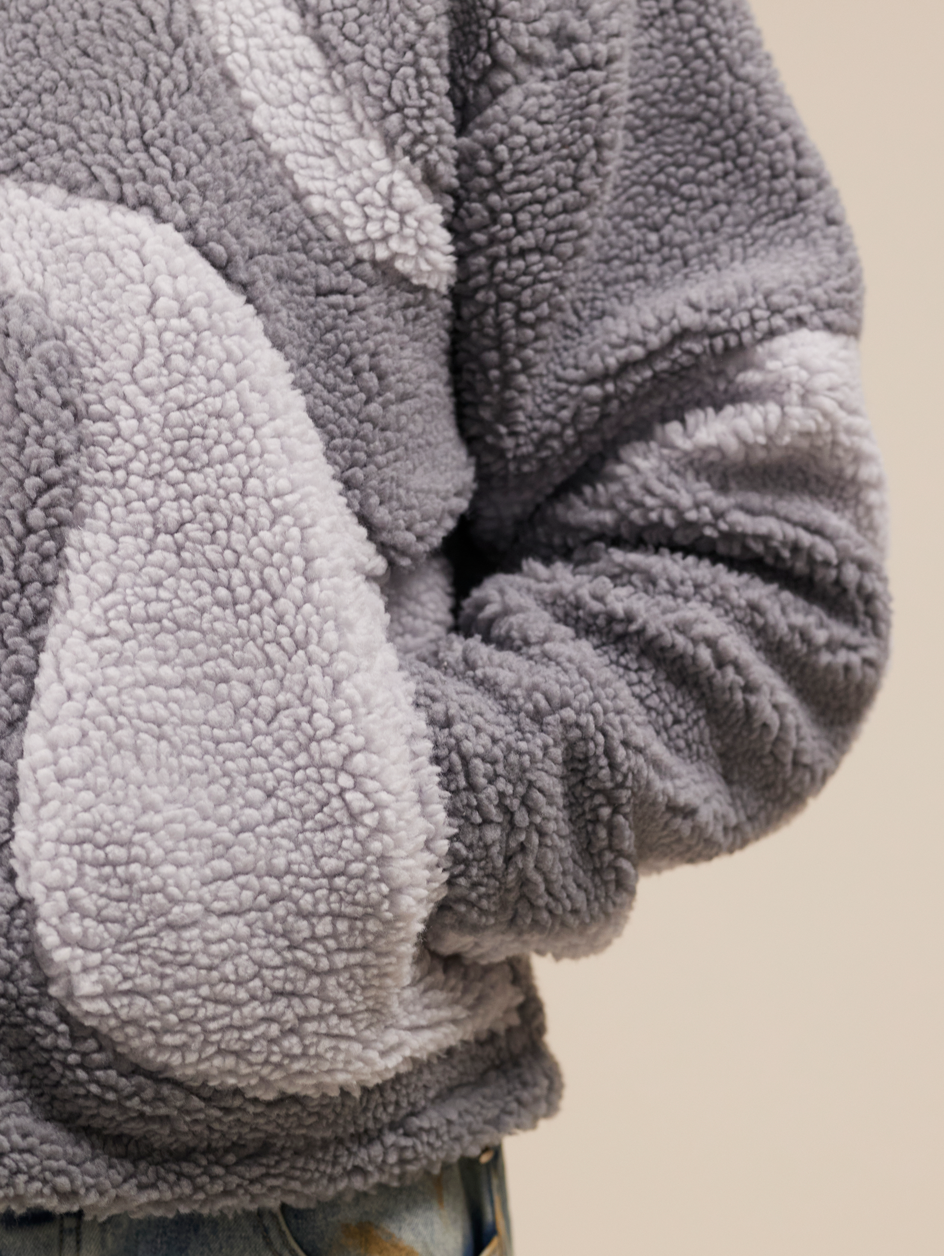 OVERSIZED DROPPED SHOULDER HOODED FLEECE JACKET IN GRAY TONES