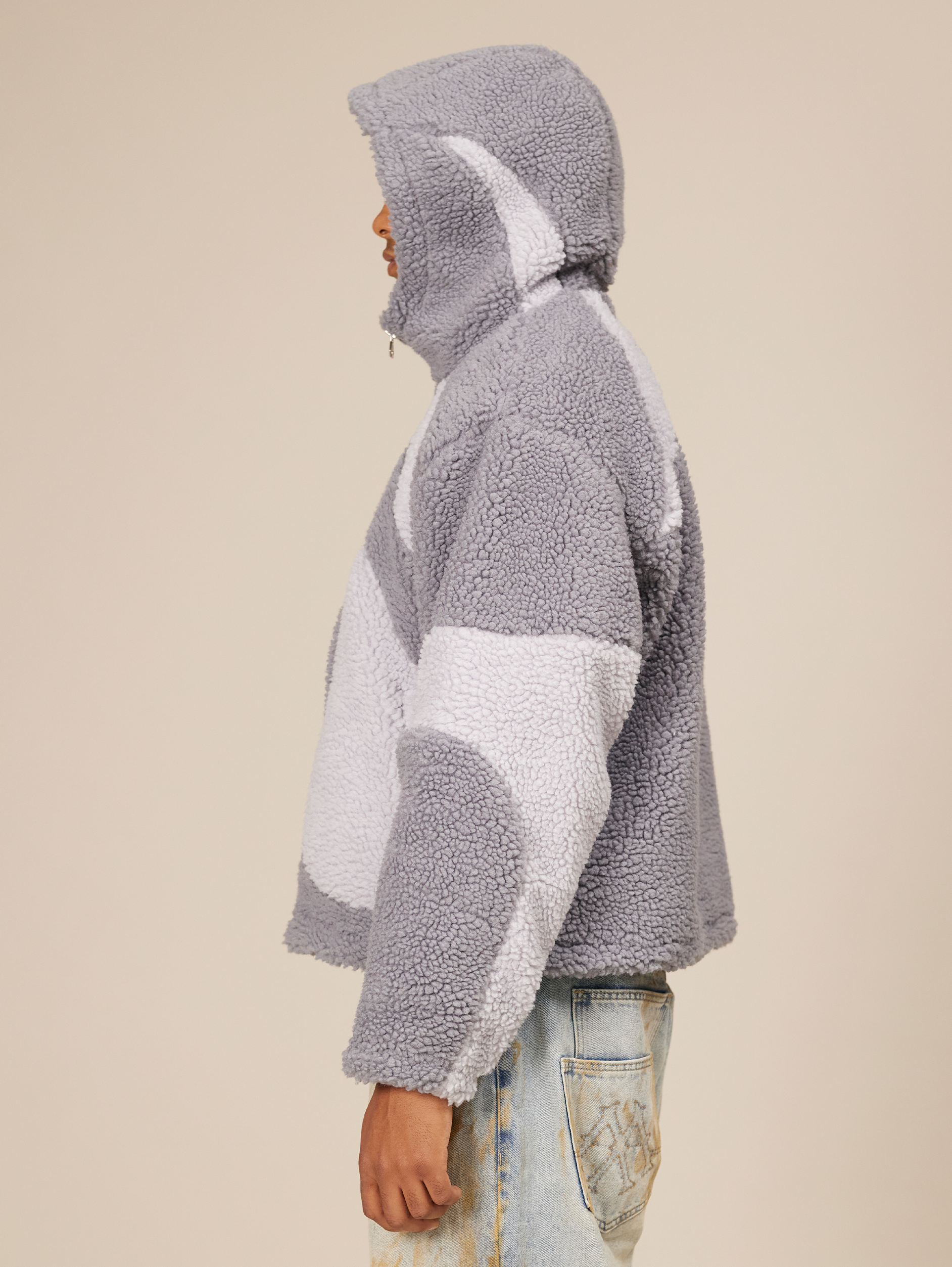 OVERSIZED DROPPED SHOULDER HOODED FLEECE JACKET IN GRAY TONES