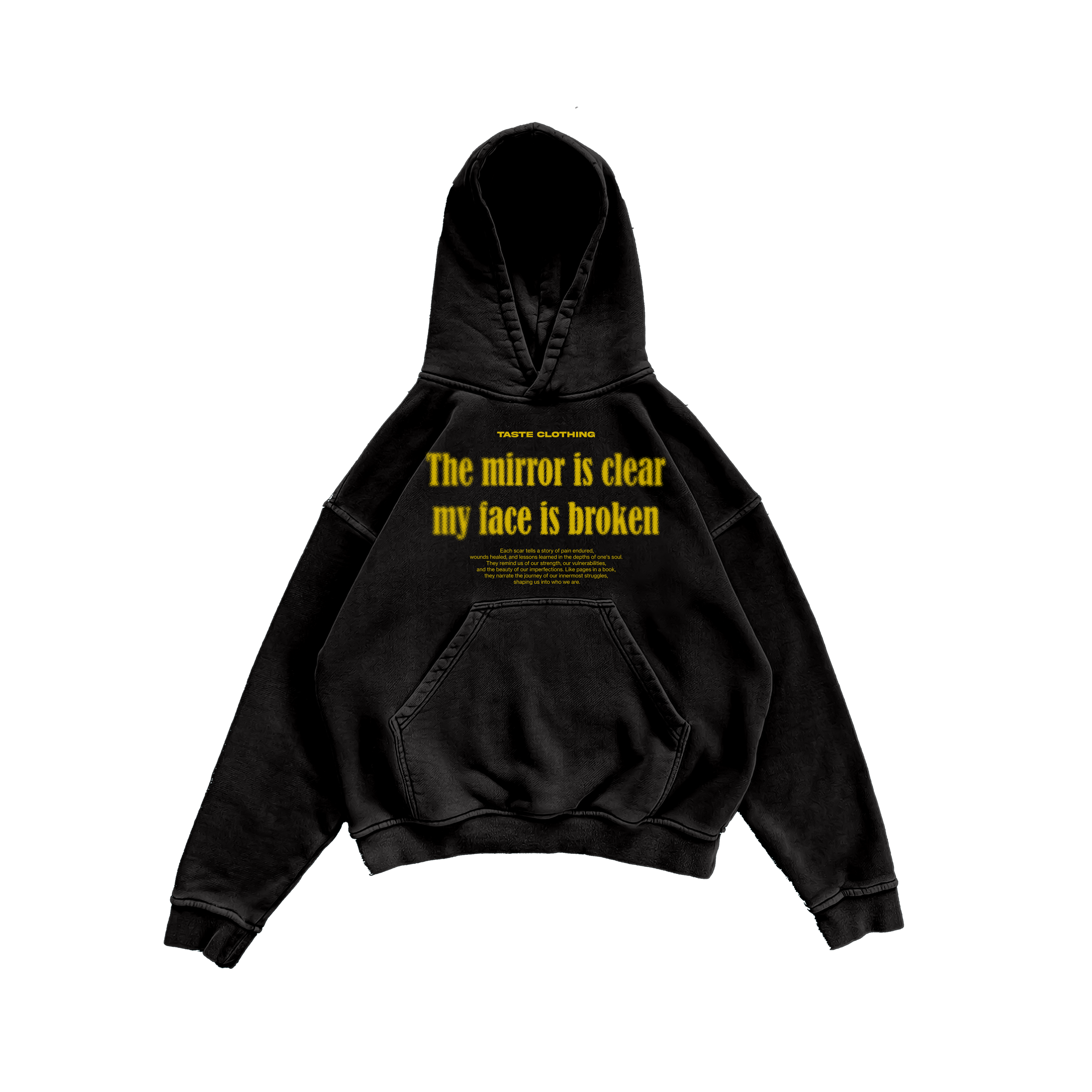 OVERSIZED FIT BLACK HOODIE WITH PRINTED POCKET AND YELLOW TEXT