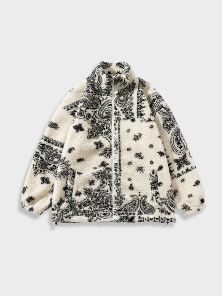 OVERSIZED FLEECE JACKET WITH BLACK PAISLEY PATTERN