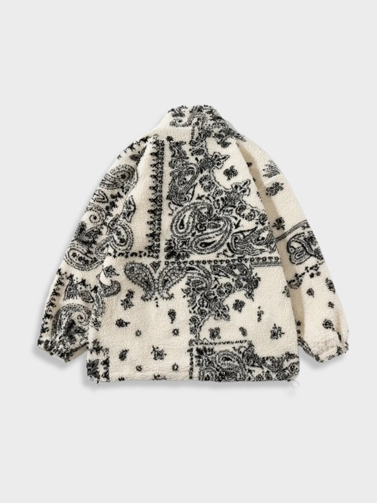 OVERSIZED FLEECE JACKET WITH BLACK PAISLEY PATTERN