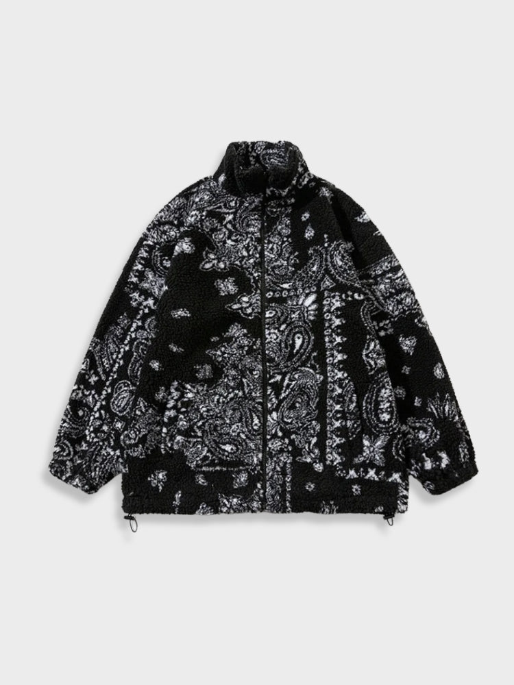 OVERSIZED FLEECE JACKET WITH BLACK PAISLEY PATTERN