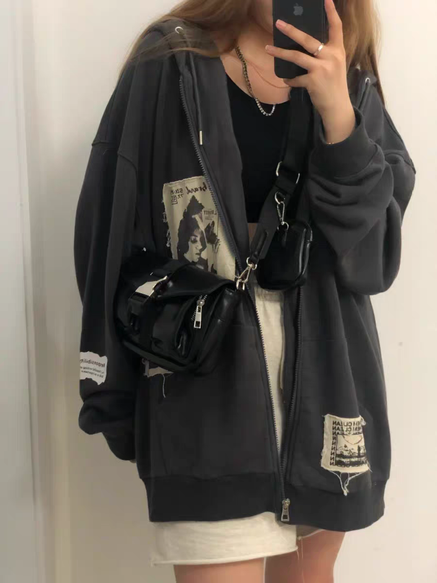 OVERSIZED GRAY ZIP-UP HOODIE WITH PATCHES COTTON LOOSE FIT