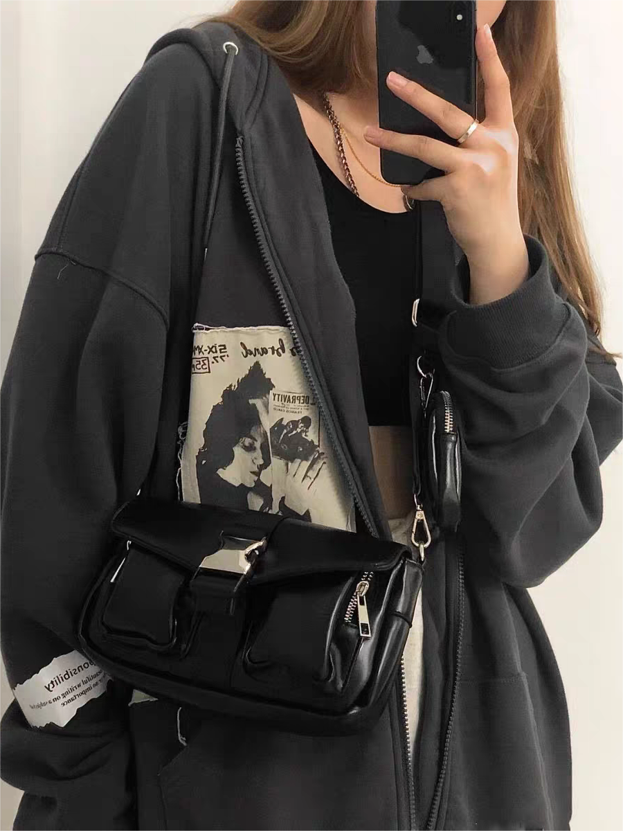 OVERSIZED GRAY ZIP-UP HOODIE WITH PATCHES COTTON LOOSE FIT