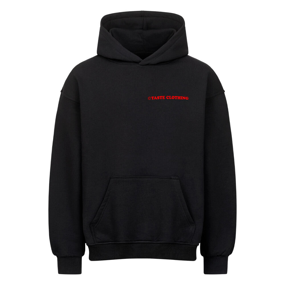 OVERSIZED HOODIE WITH RED TEXT IN BLACK