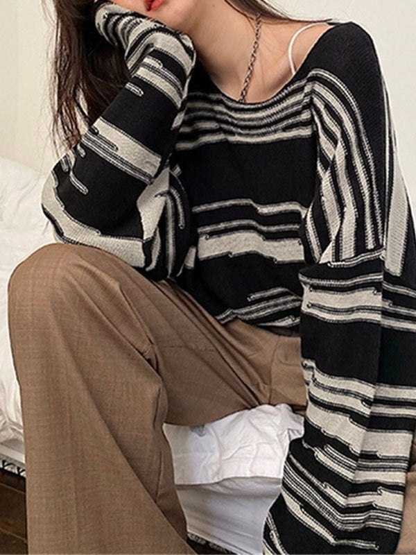 OVERSIZED KNIT SWEATER WITH STRIPES - LONG-SLEEVED KNIT TOP