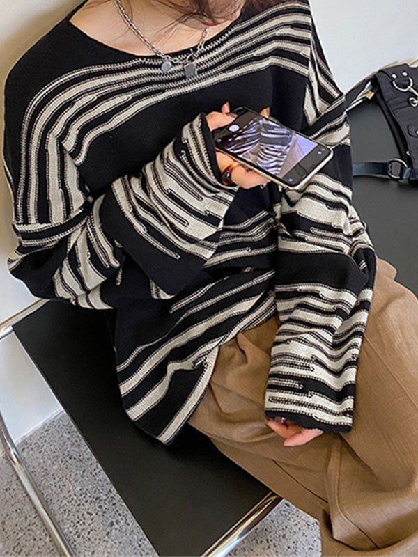 OVERSIZED KNIT SWEATER WITH STRIPES - LONG-SLEEVED KNIT TOP