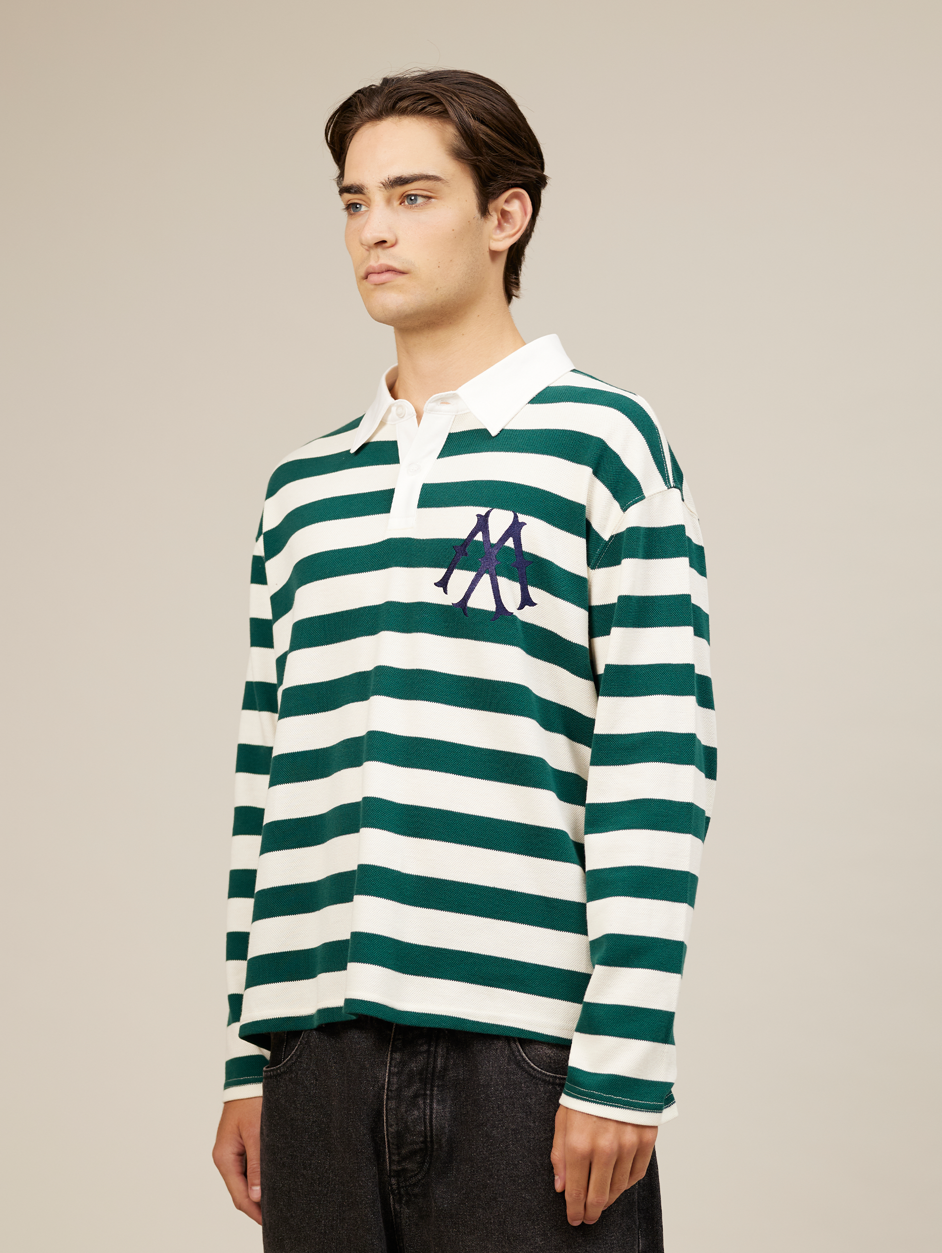 OVERSIZED LUXURY STRIPED LONG-SLEEVED POLO SHIRT IN COTTON PIQUE