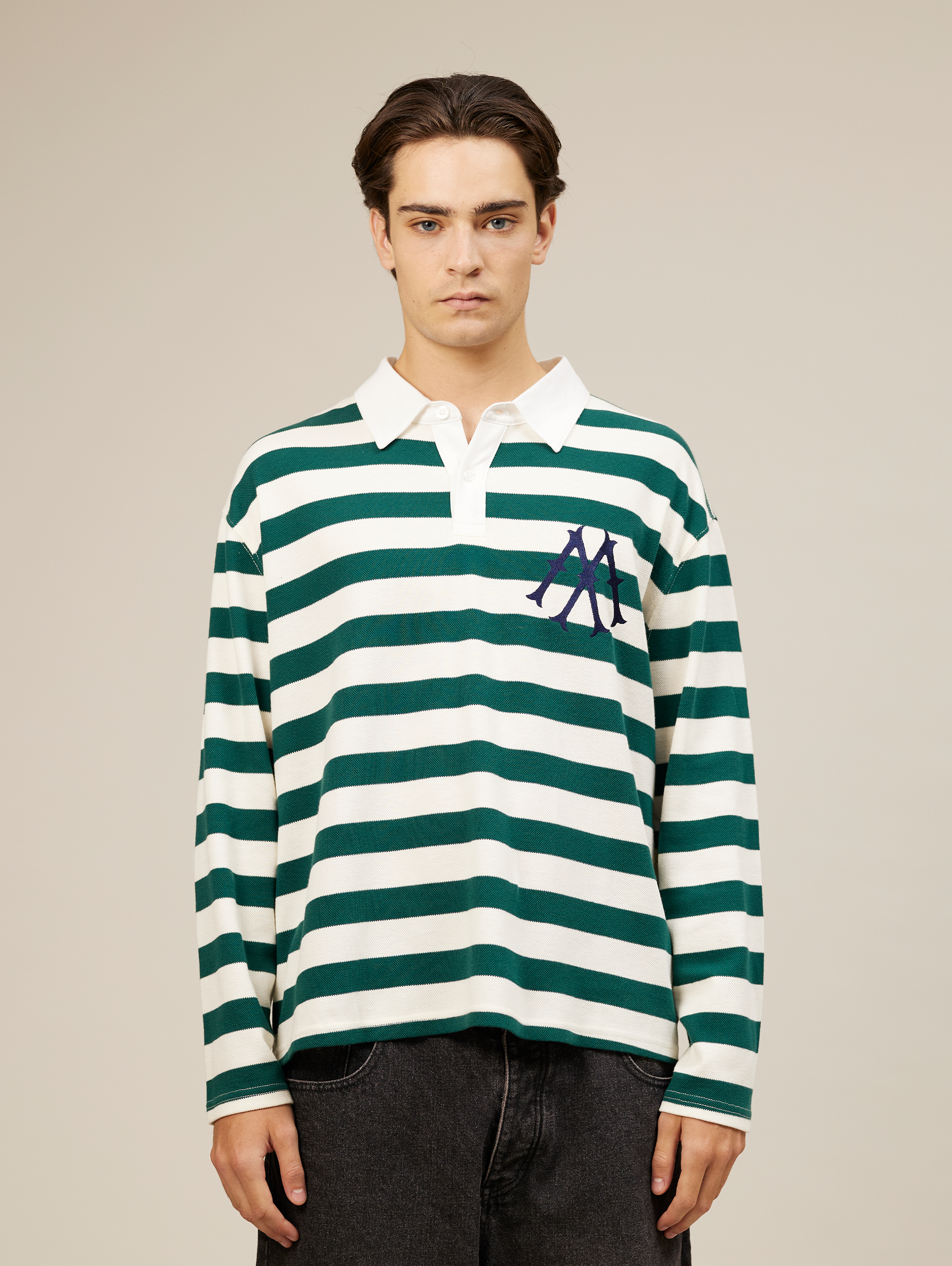 OVERSIZED LUXURY STRIPED LONG-SLEEVED POLO SHIRT IN COTTON PIQUE