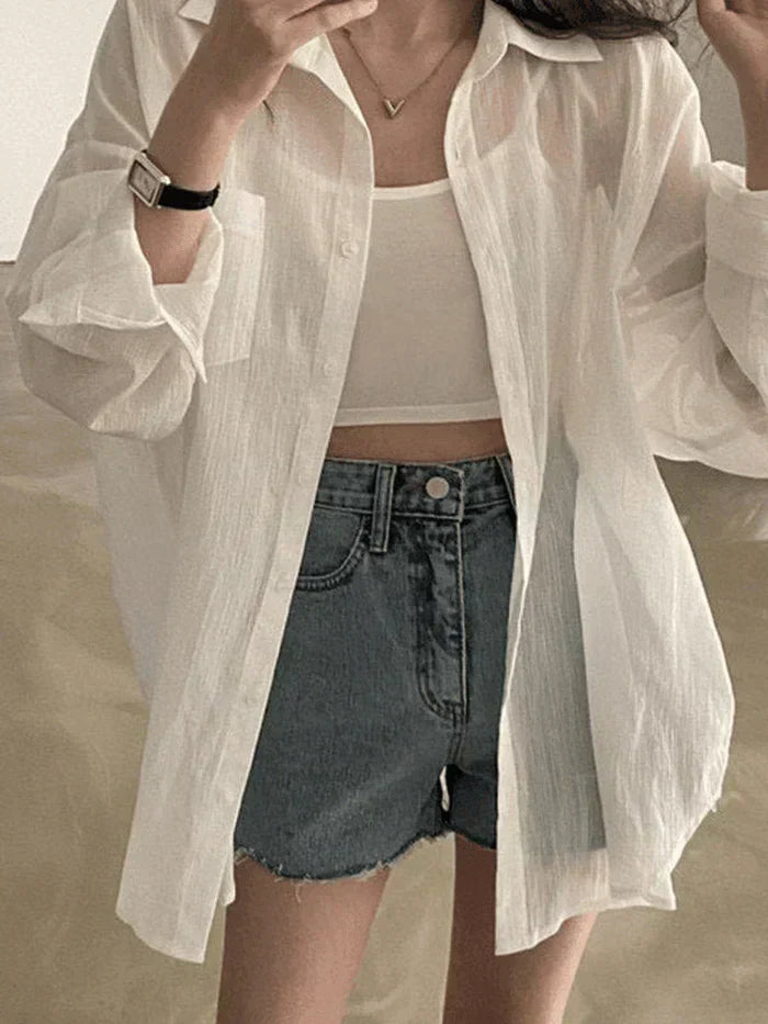 OVERSIZED SHEER WHITE LONG SLEEVE BLOUSE