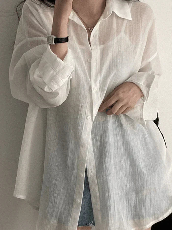 OVERSIZED SHEER WHITE LONG SLEEVE BLOUSE