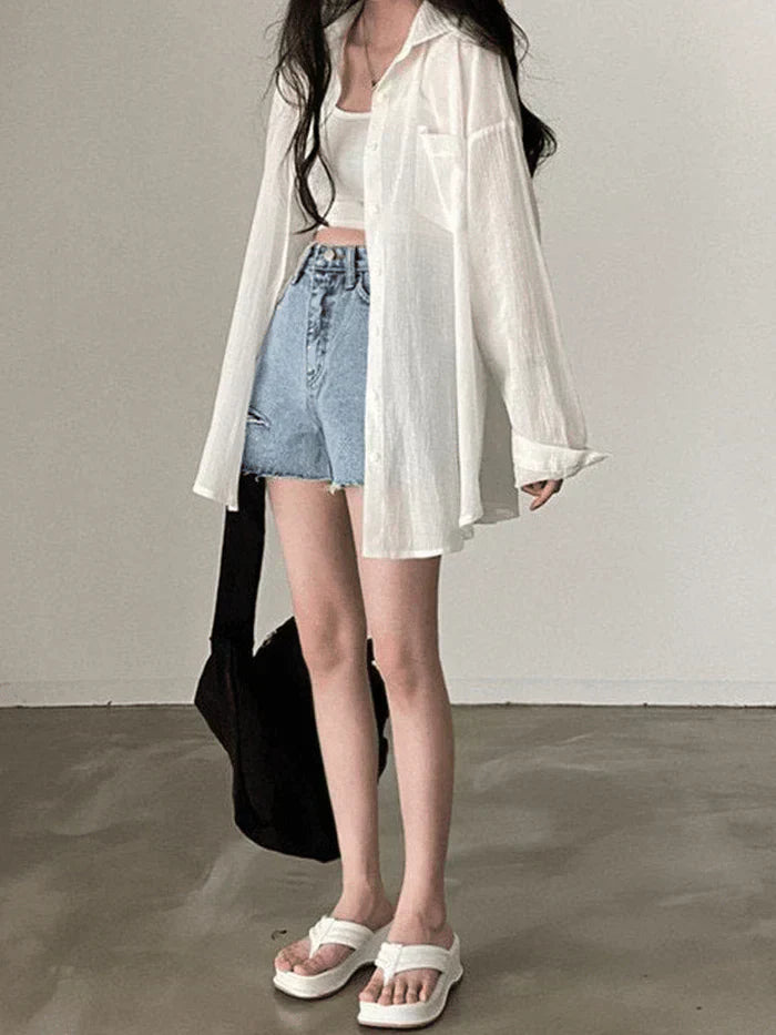 OVERSIZED SHEER WHITE LONG SLEEVE BLOUSE