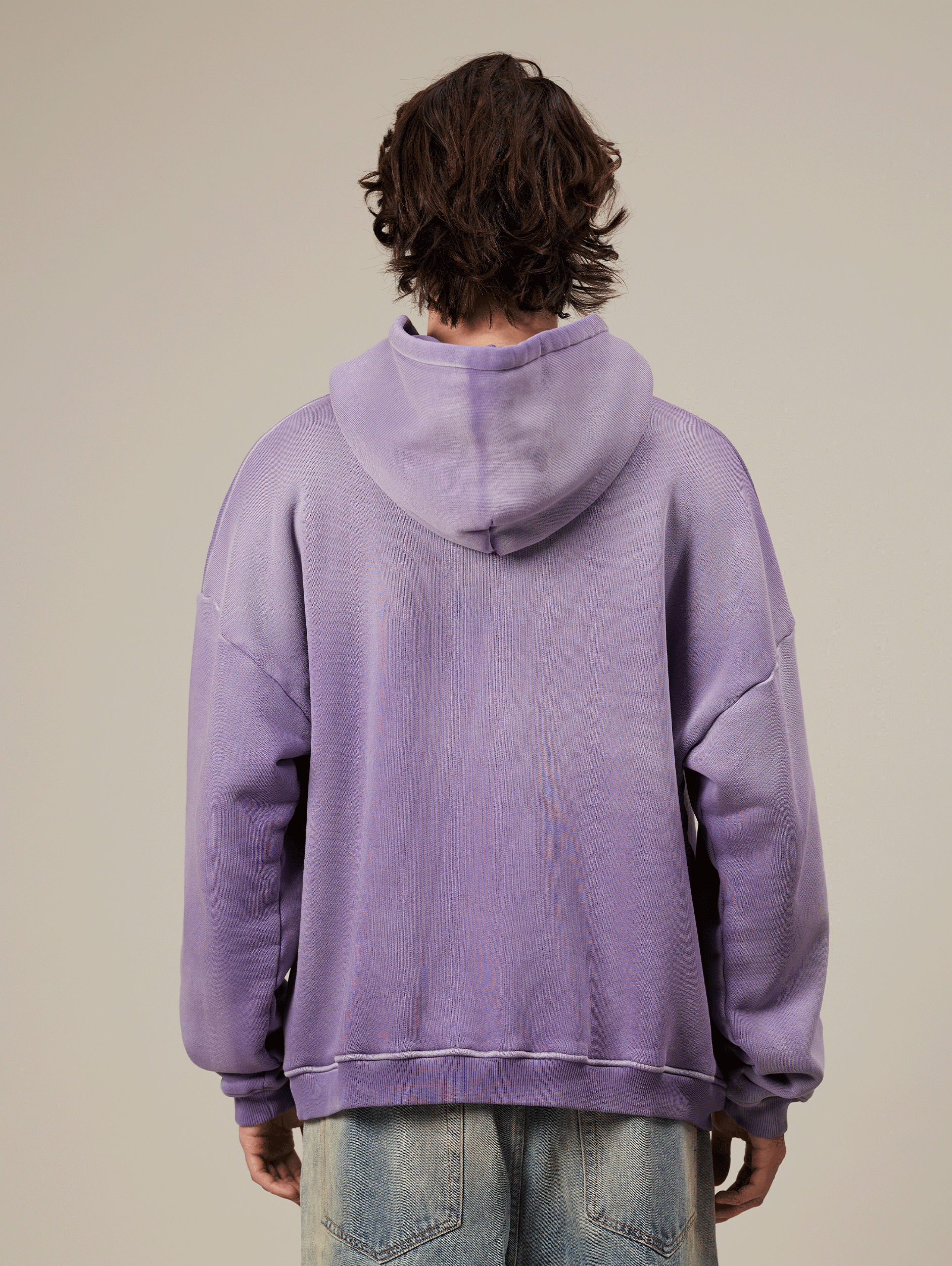 OVERSIZED VIOLET LOOPBACK HOODIE WITH PAINT SPLATTER DESIGN