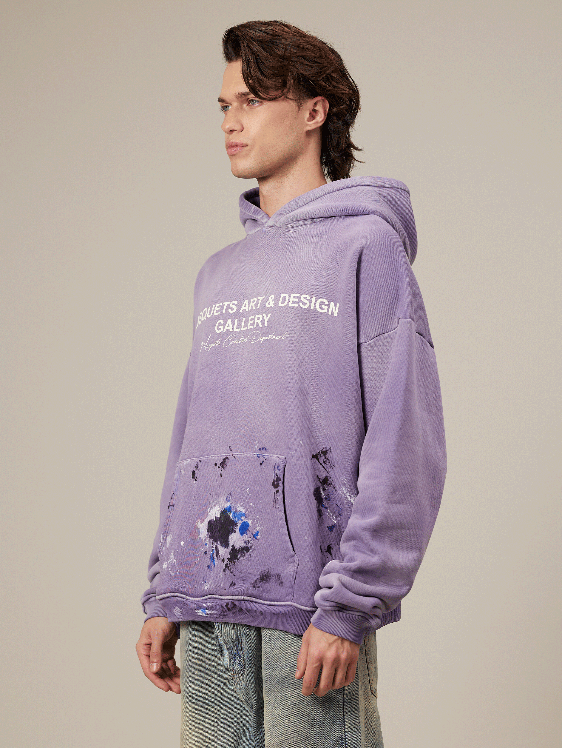 OVERSIZED VIOLET LOOPBACK HOODIE WITH PAINT SPLATTER DESIGN