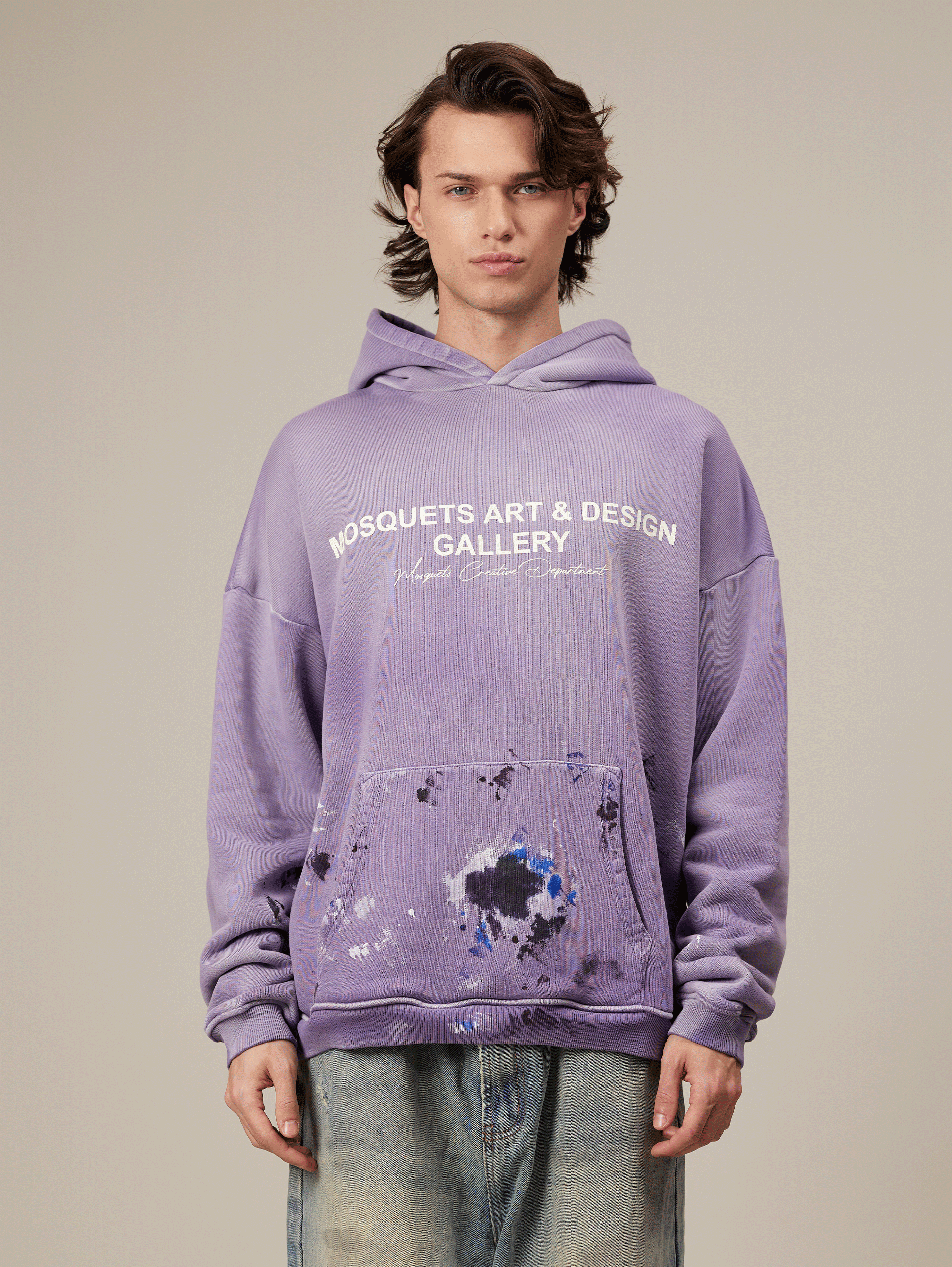 OVERSIZED VIOLET LOOPBACK HOODIE WITH PAINT SPLATTER DESIGN