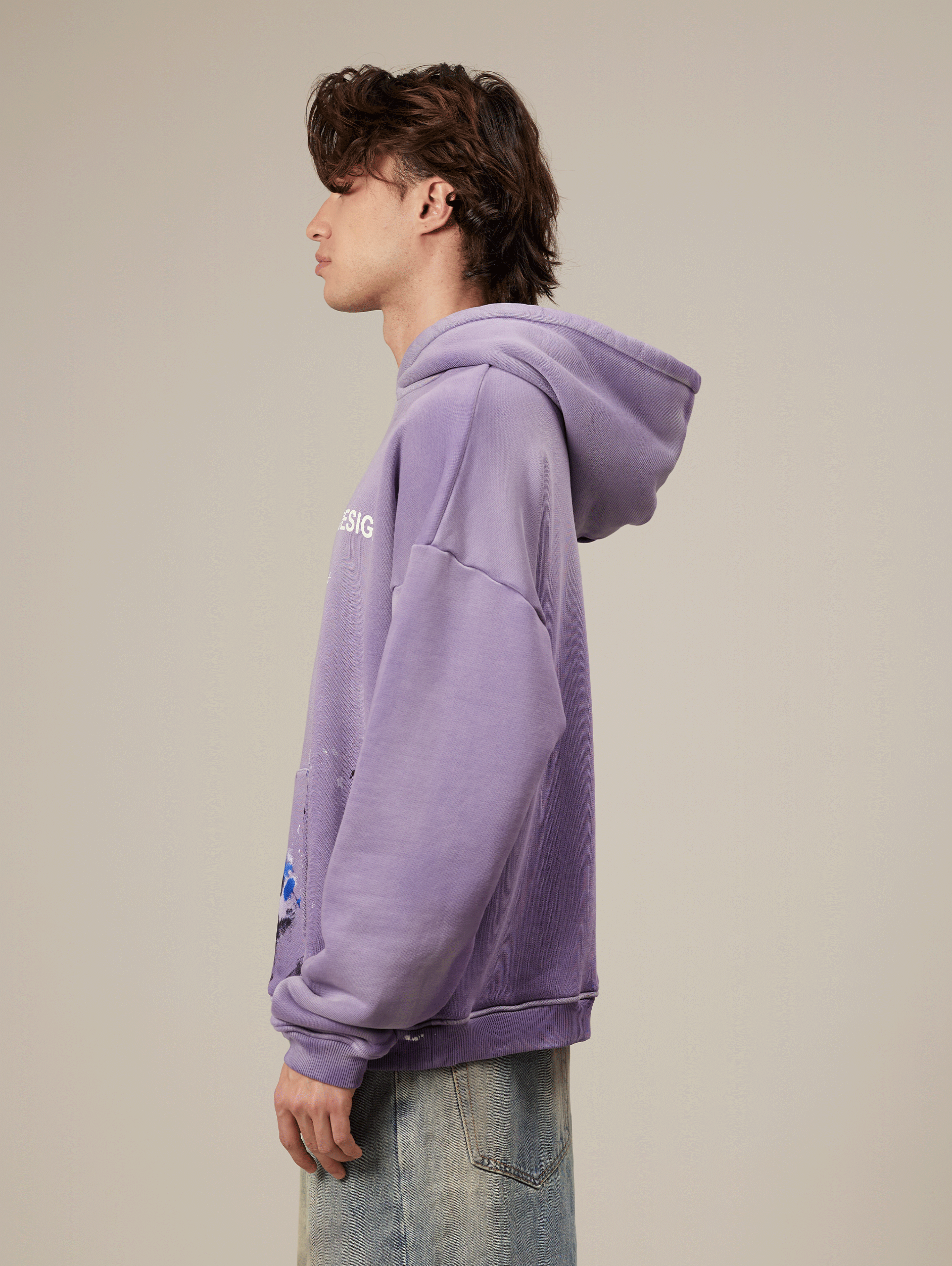 OVERSIZED VIOLET LOOPBACK HOODIE WITH PAINT SPLATTER DESIGN