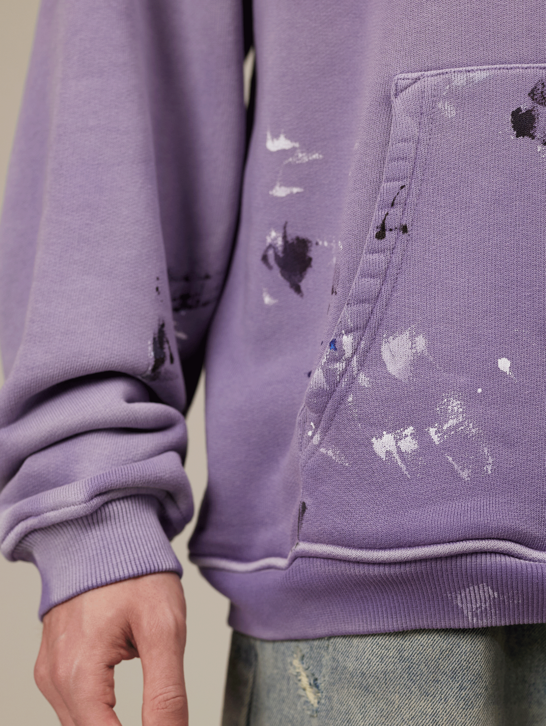 OVERSIZED VIOLET LOOPBACK HOODIE WITH PAINT SPLATTER DESIGN