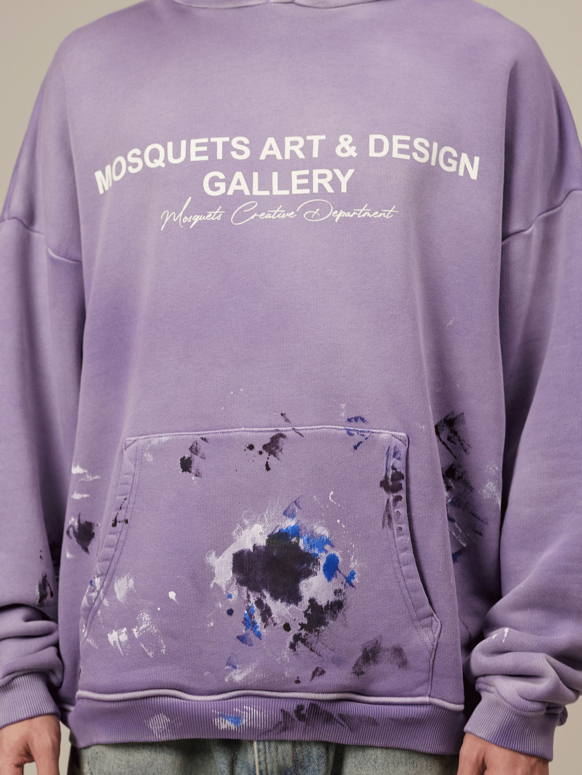 OVERSIZED VIOLET LOOPBACK HOODIE WITH PAINT SPLATTER DESIGN