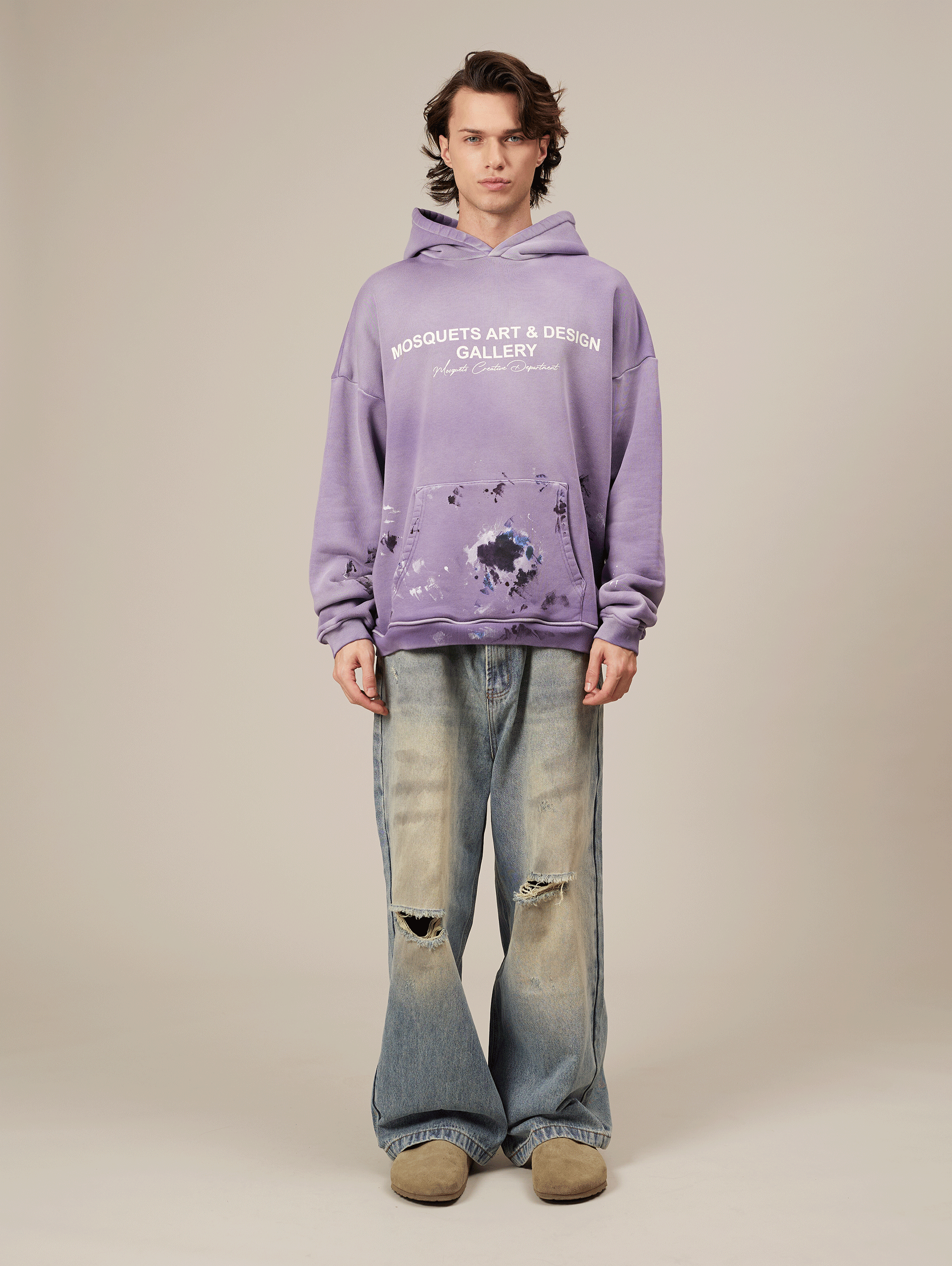 OVERSIZED VIOLET LOOPBACK HOODIE WITH PAINT SPLATTER DESIGN