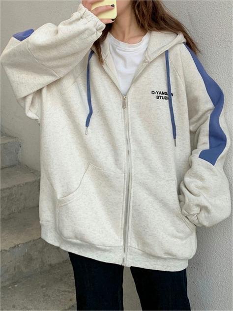 OVERSIZED ZIP-UP HOODIE WITH BLUE STRIPES AND RELAXED FIT