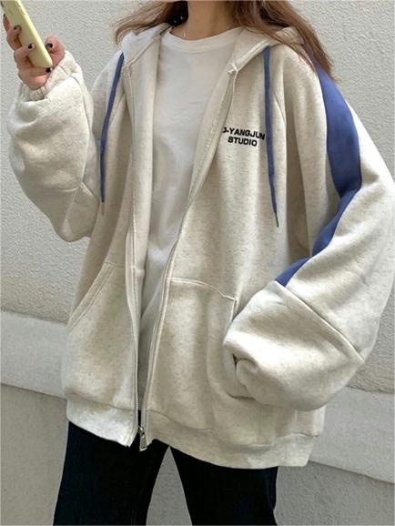 OVERSIZED ZIP-UP HOODIE WITH BLUE STRIPES AND RELAXED FIT