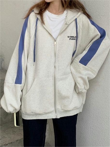 OVERSIZED ZIP-UP HOODIE WITH BLUE STRIPES AND RELAXED FIT