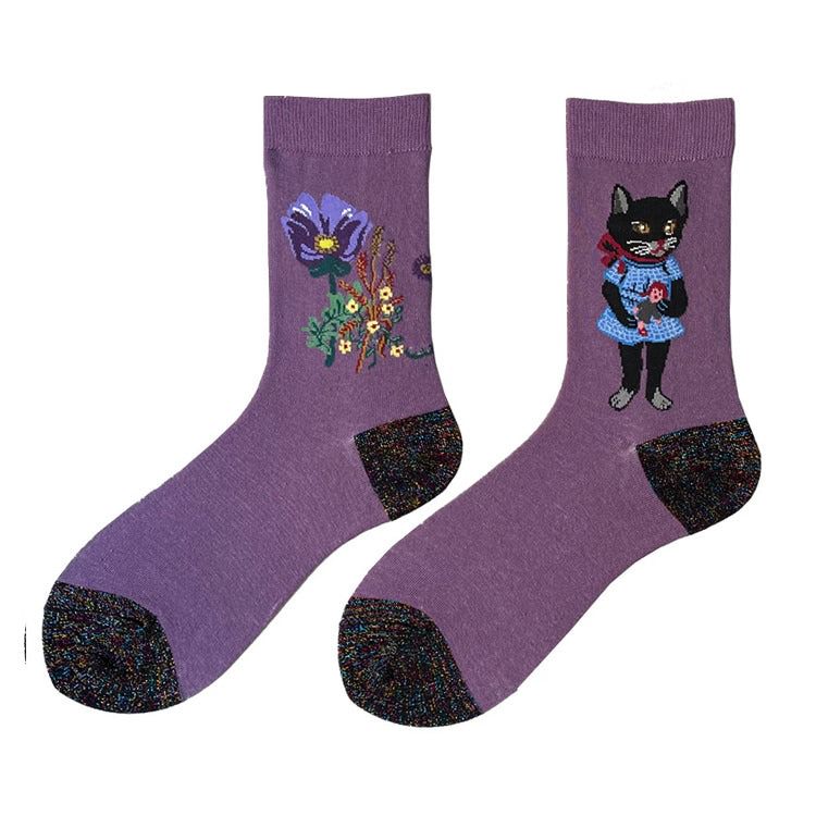 PAIR OF PURPLE SOCKS WITH FLORAL AND CAT DESIGNS FEATURING LISA BLACK PINK