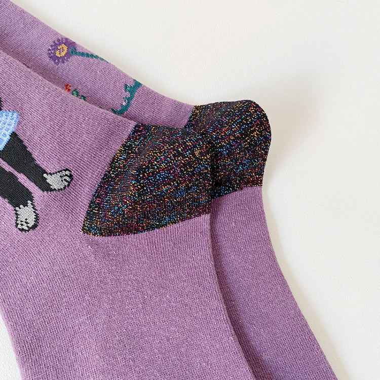 PAIR OF PURPLE SOCKS WITH FLORAL AND CAT DESIGNS FEATURING LISA BLACK PINK