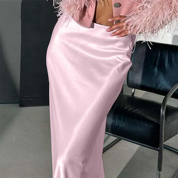 PALE PINK SATIN MAXI SKIRT WOMEN'S FASHION ATTIRE