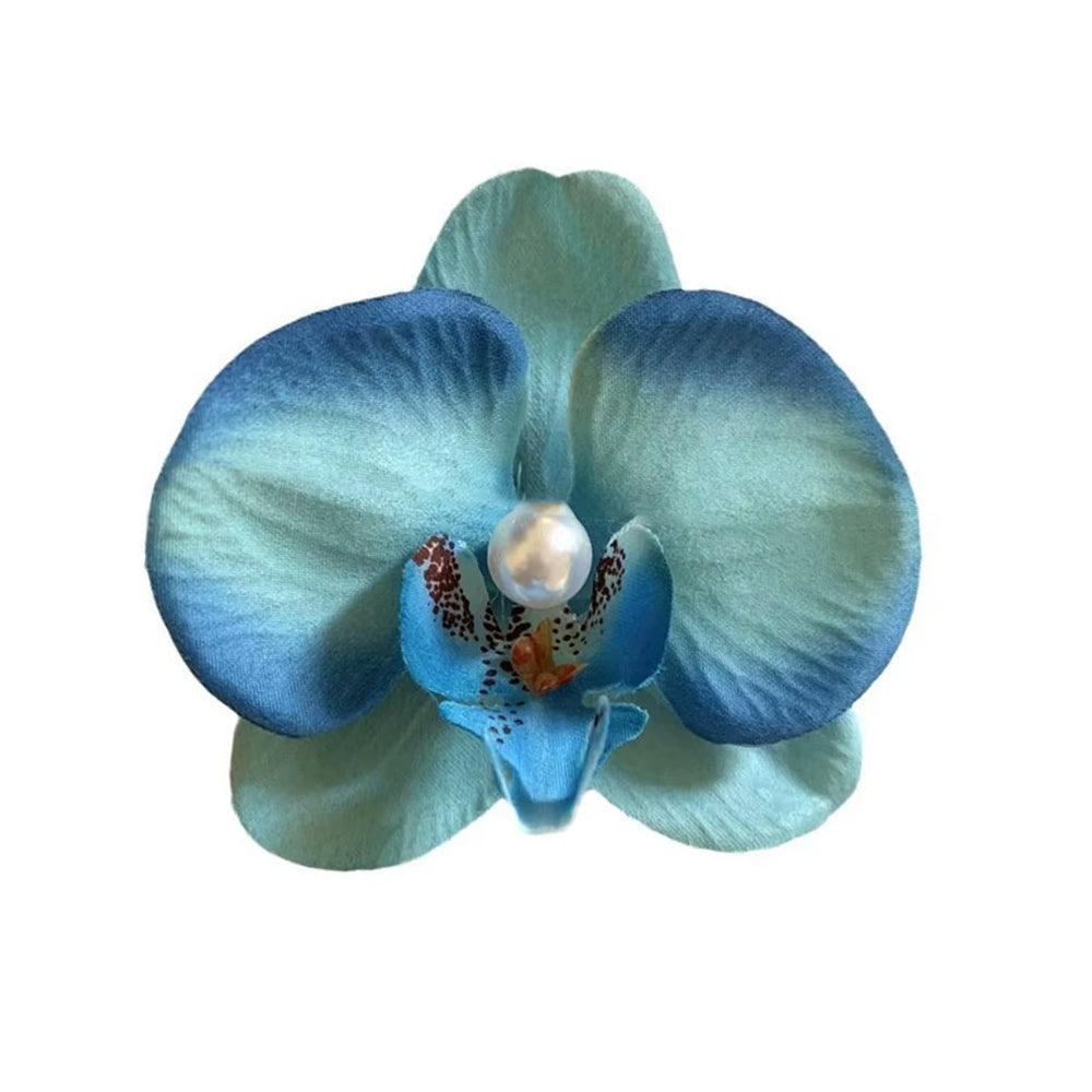 PASTEL BLUE ORCHID HAIR CLIP PEARL CENTER ORCHID HAIR