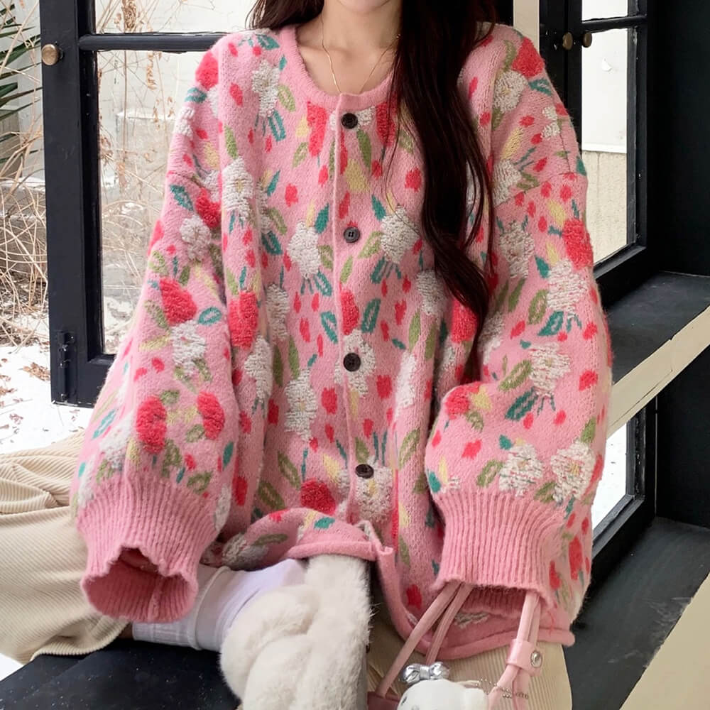 PASTEL PINK SEQUIN FLORAL TEXTURED KNIT CARDIGAN